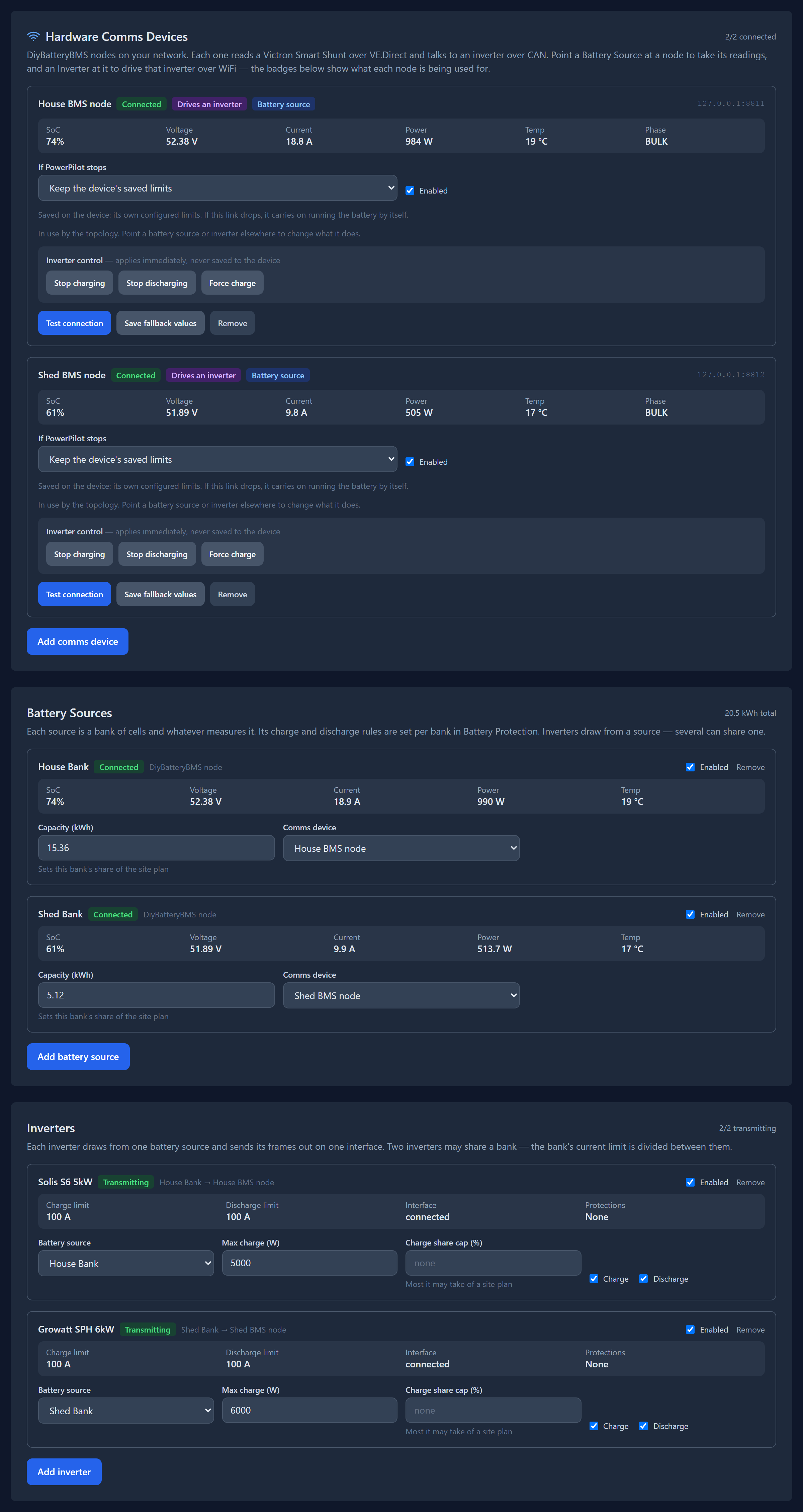 PowerPilot settings page showing hardware comms devices and battery sources, each bank's state of charge, voltage, current and capacity.